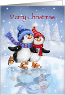 Penguin couple skating together in icy snow scene, to both of you card