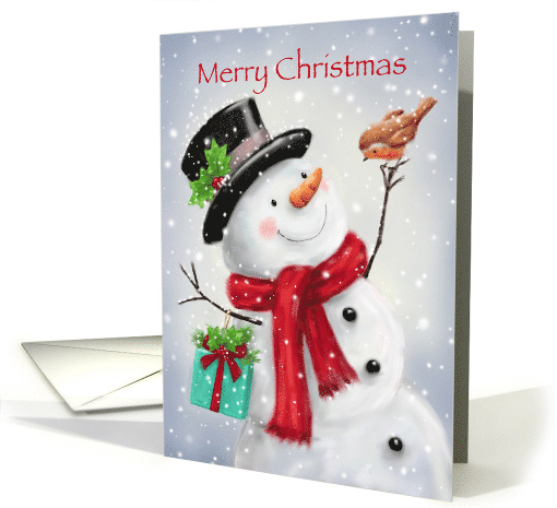 Snowman with lovely present on his branch arm,greeting to robin card