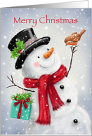 Snowman with lovely present on his branch arm,greeting to robin card
