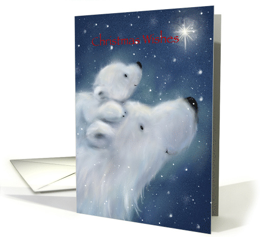 Fluffy white polar bear and cub looking at star, Christmas wishes card