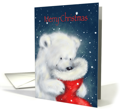 Fluffy white polar bear cub looking into Santa's sock,... (1497660)