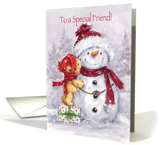 Cute bear standing on present kissing his special snowman friend card