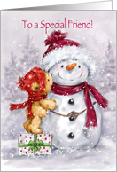 Cute bear standing on present kissing his special snowman friend card