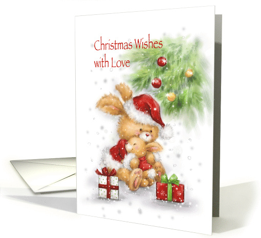 Cute rabbit mother holding child with Christmas tree and presents card