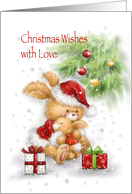 Cute rabbit mother holding child with Christmas tree and presents card