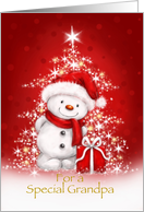 Cute snowman with red Christmas present in front of tree for Grandpa card