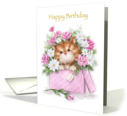 Cute cat popping up from pink box with many flowers,... (1500860)