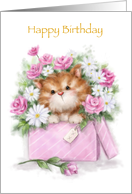 Cute cat popping up from box with many flowers, Happy Birthday Mom card