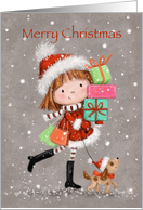Cute girl with shopping bags and present, merry Christmas daughter card