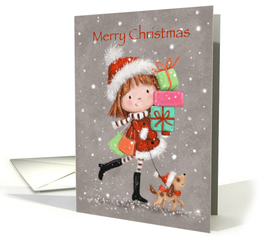 Cute girl with shopping bags and present, Christmas for sister card