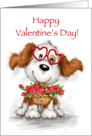 Cute dog wearing heart shaped eyeglasses with roses, Happy Valentine’s card
