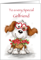 Cute dog wearing heart shaped eyeglasses with roses, for girlfriend card