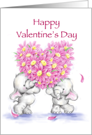 Two cute elephants holding heart shaped flowers, Happy Valentine’s Day card