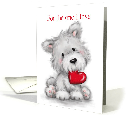 Cute grey dog holding a red heart on his mouth, Happy... (1507350)