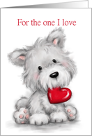 Cute grey dog holding a red heart on his mouth, Happy Valentine’s Day card