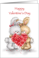 Two cute rabbits holding heart shaped bouquet ,Happy Valentine’s Day card