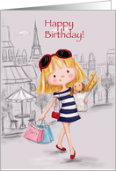 Cute young girl shopping with dog in Paris, Happy Birthday Daughter card