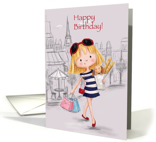Cute young girl shopping with dog in Paris, Happy Birthday Niece card