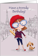 Cute young girl shopping with dog in Paris, Happy Birthday Niece card