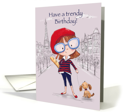 Cute young girl shopping with dog in Paris, Happy Birthday Sister card