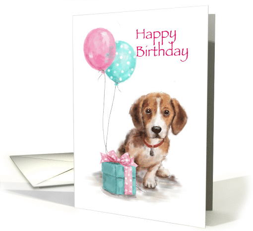 Cute dog sitting with balloons and present, Happy Birthday card