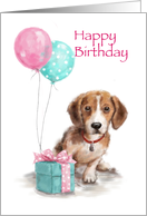 Cute dog sitting with balloons and present, Happy Birthday card