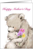 Cub in his mother’s arms giving some flowers, happy mother’s Day card