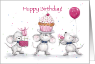 Three mice with presents, cake and ballon, Happy Birthday card