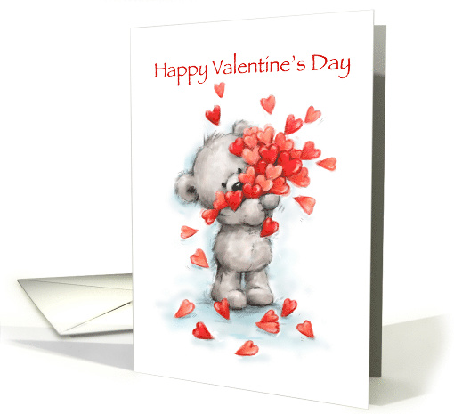 Cute bear holding lots of hearts for Happy Valentine's Day card