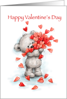 Cute bear holding lots of hearts for Happy Valentine’s Day card