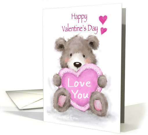 Cute bear sitting and holding big heart, Happy Valentine's Day card