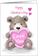 Cute bear sitting and holding big heart, Happy Valentine’s Day card