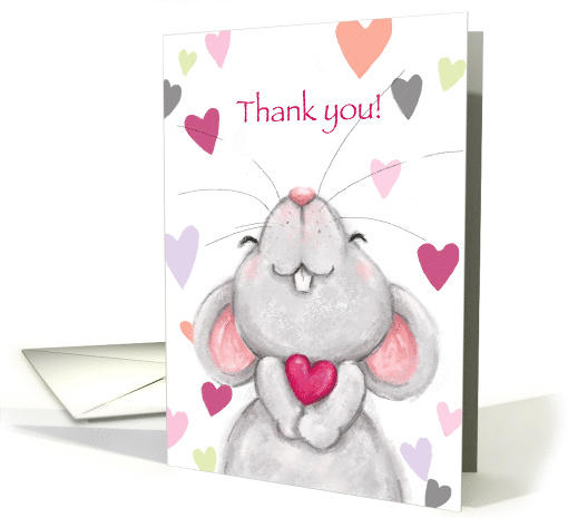 Cute mouse holding heart in his arm with big smile, Thank you! card