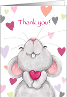 Cute mouse holding heart in his arm with big smile, Thank you! card