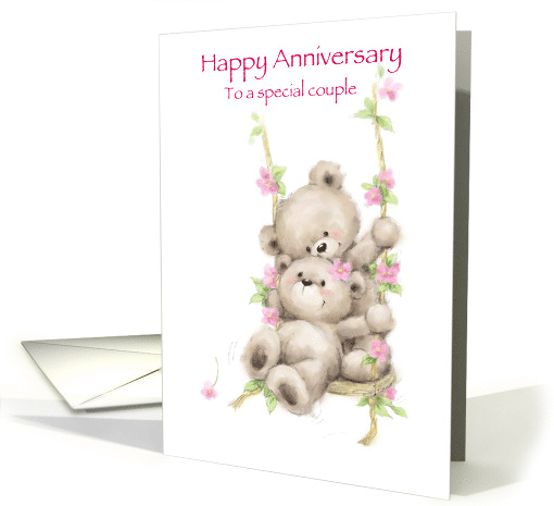 Cute bear couple on swing with flowers around, Happy Anniversary card