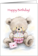 Cute bear sitting and holding a pretty cake with letter, Happy Birthdy card