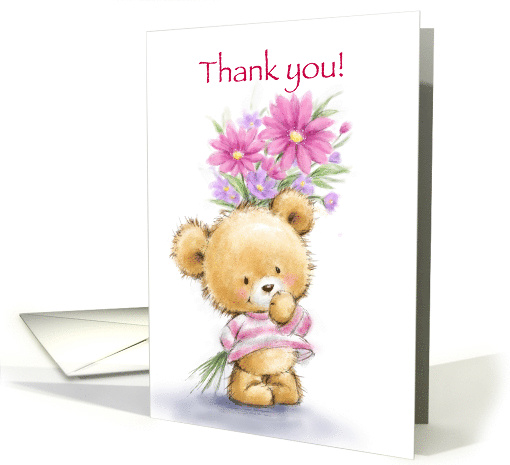 Cute bear holding bunch of flowers behind him, Thank you card