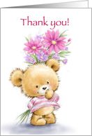 Cute bear holding bunch of flowers behind him, Thank you card