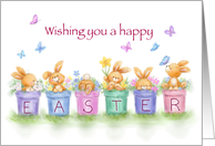 Cute rabbits in flower pots with butterflies, Happy Easter card