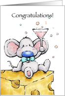 Cute blue nose mouse sitting on cheese with glass, congratulations card
