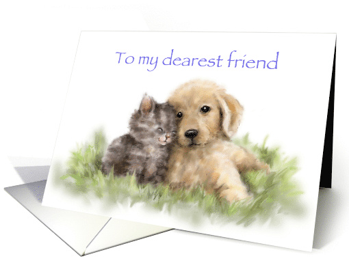 Cute dog and cat cuddling each other on grass, dearest friend card