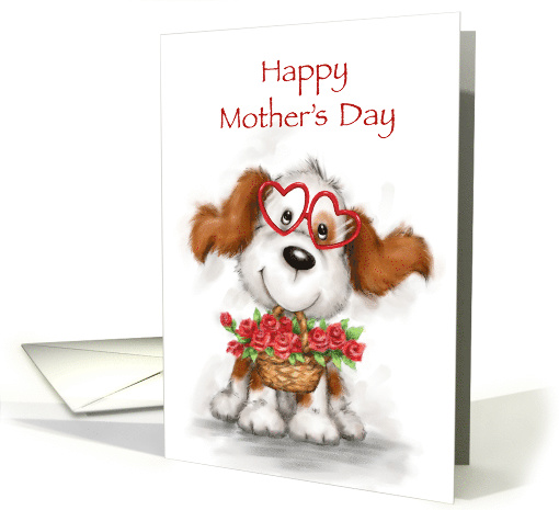 Cute funny dog smiling with flower basket for Happy Mother's Day card