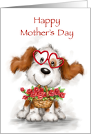 Cute funny dog smiling with flower basket for Happy Mother’s Day card