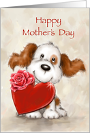 Cute funny dog smiling with big heart with rose for Happy Mother’s Day card