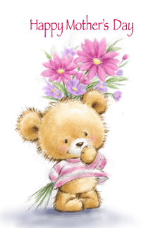 Cute little bear smiling with bunch of flowers, Happy Mother's Day