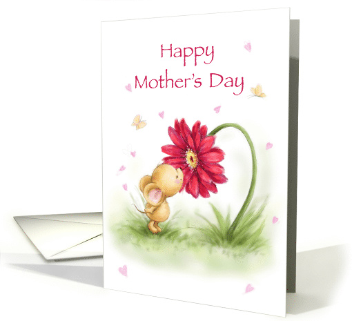 Cute little mouse kissing a big red flower for Happy Mother's Day card