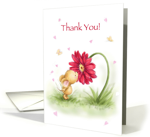 Cute little mouse kissing a big red flower for Thank you! card