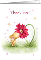 Cute little mouse kissing a big red flower for Thank you! card