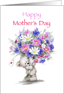 Cute little bear holding a huge bunch of flowers, Happy Mother’s Day card