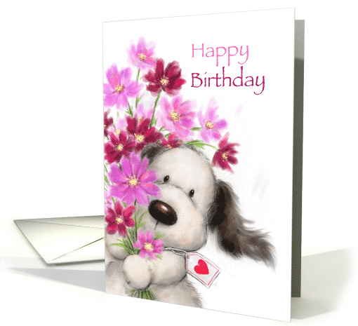 Cute little dog offering a huge bunch of flowers, Happy... (1516824)